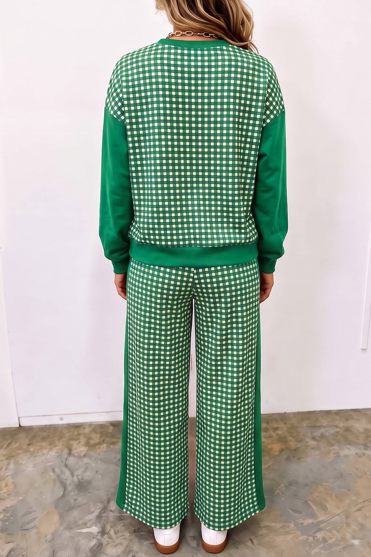 Khaki Color Block Plaid Patchwork Long Sleeve Pullover Wide Leg Pant Set 🇺🇸