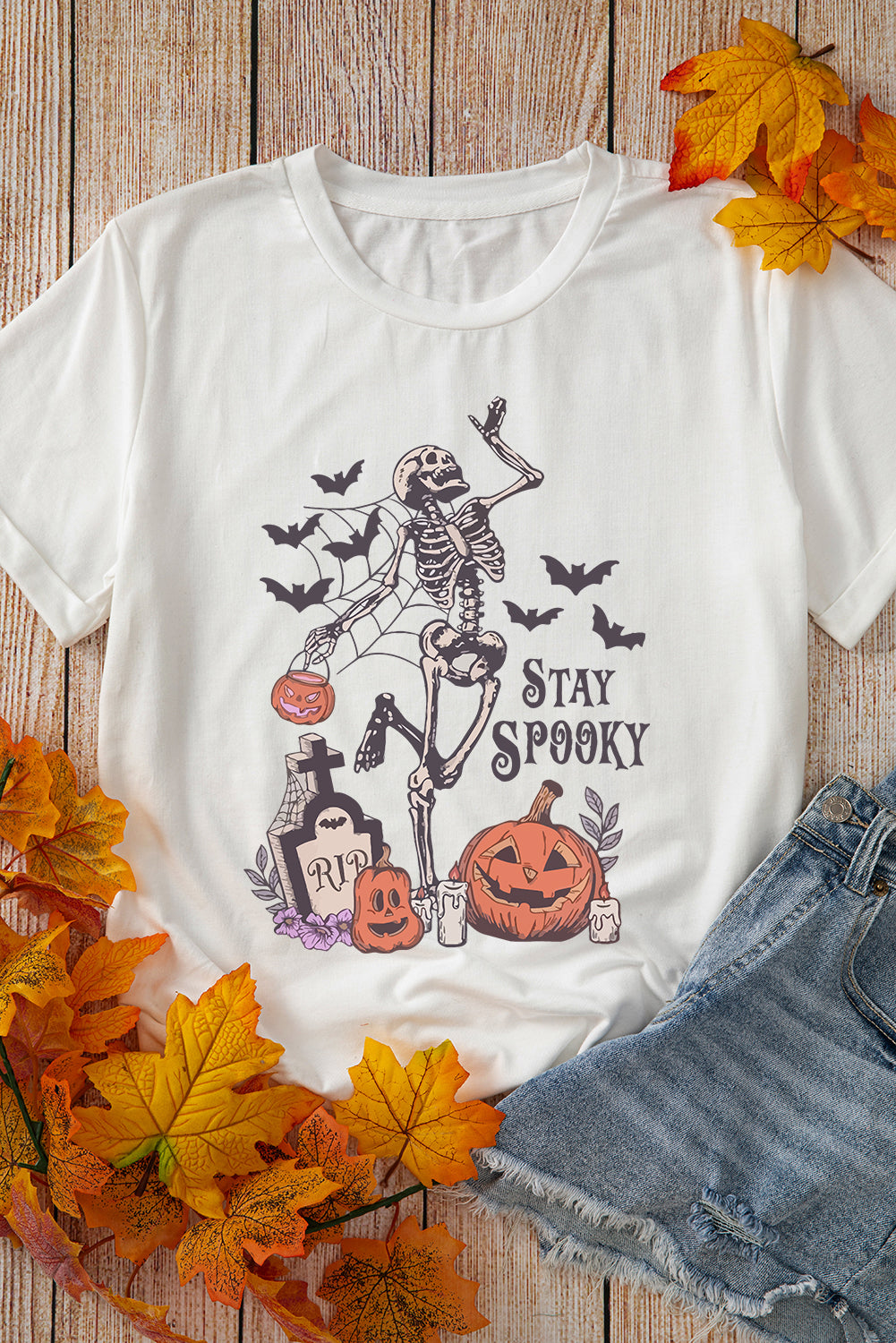 White Skull Pumpkin Face STAY SPOOKY Graphic Halloween T Shirt 🇺🇸