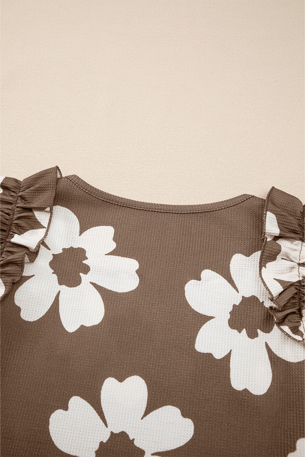 Brown Floral Textured Ruffled Short Sleeve Square Neck Blouse 🇺🇲