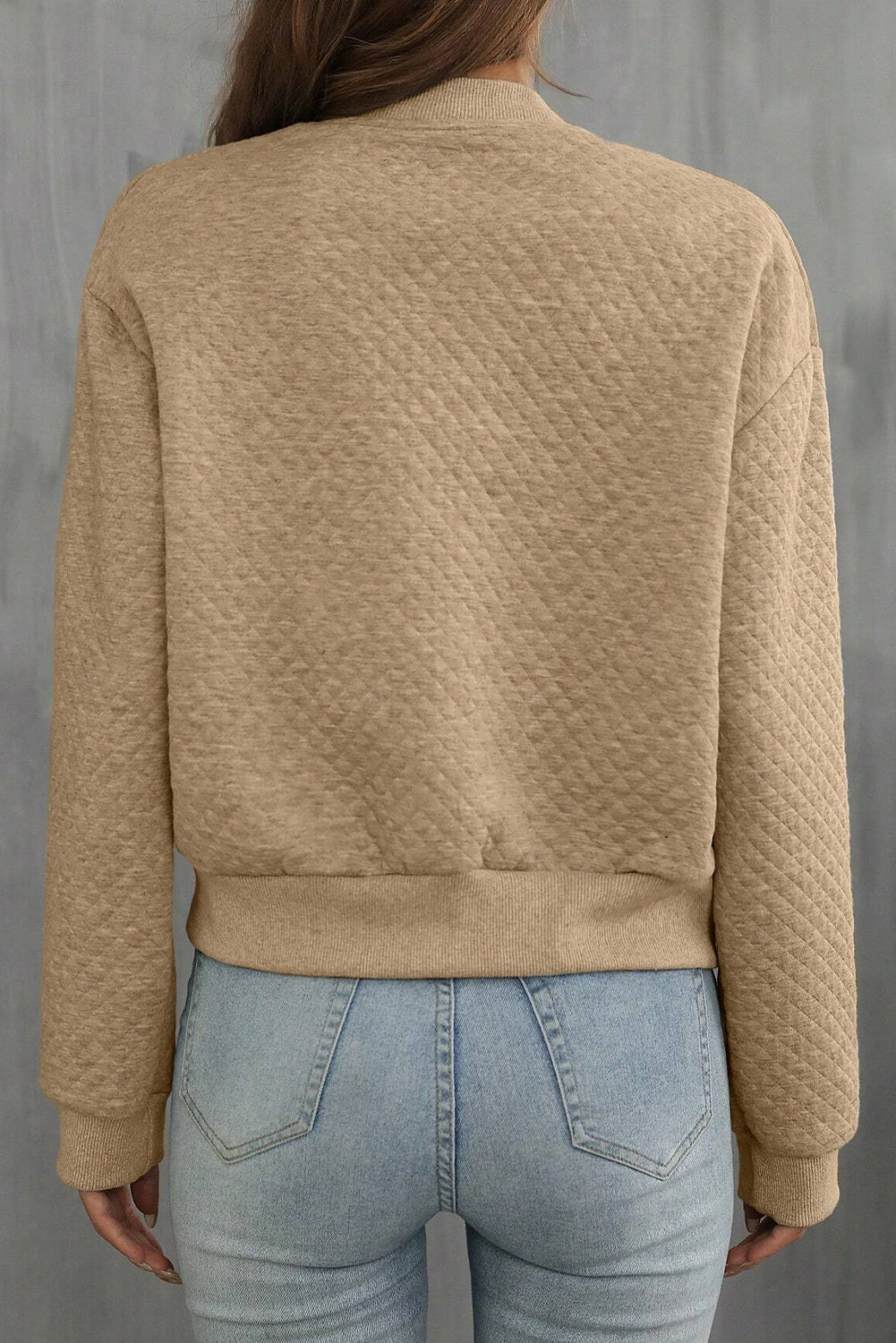 Pale Khaki Solid Geometric Textured Baseball Collar Jacket 🇺🇸