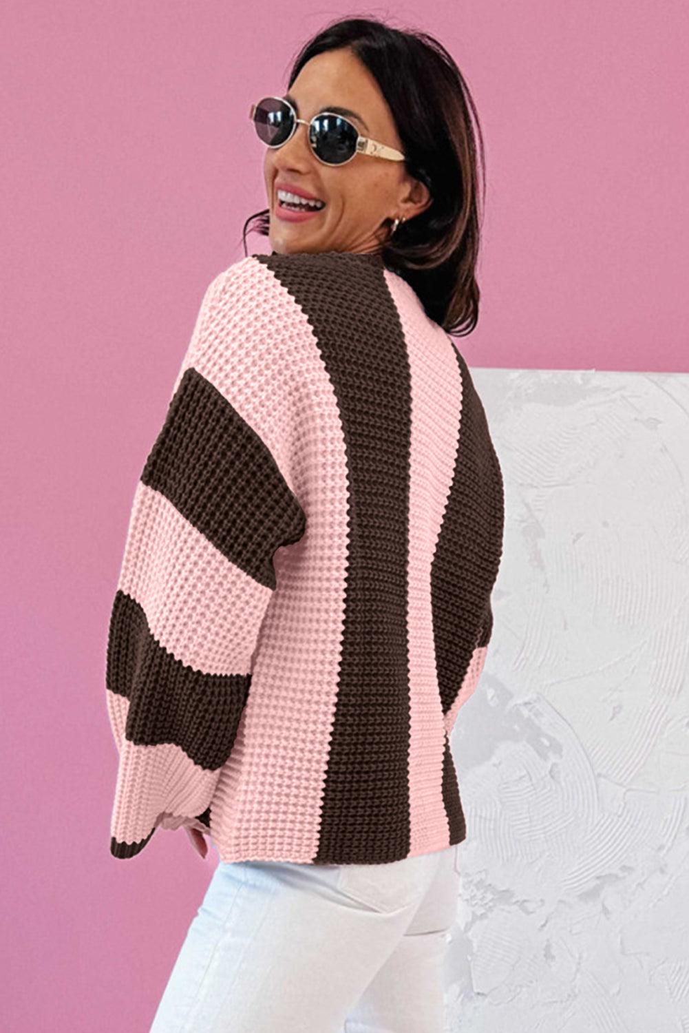 Fushia Striped Color Block Thermal Textured Knit Drop Shoulder Sweater 🇺🇸