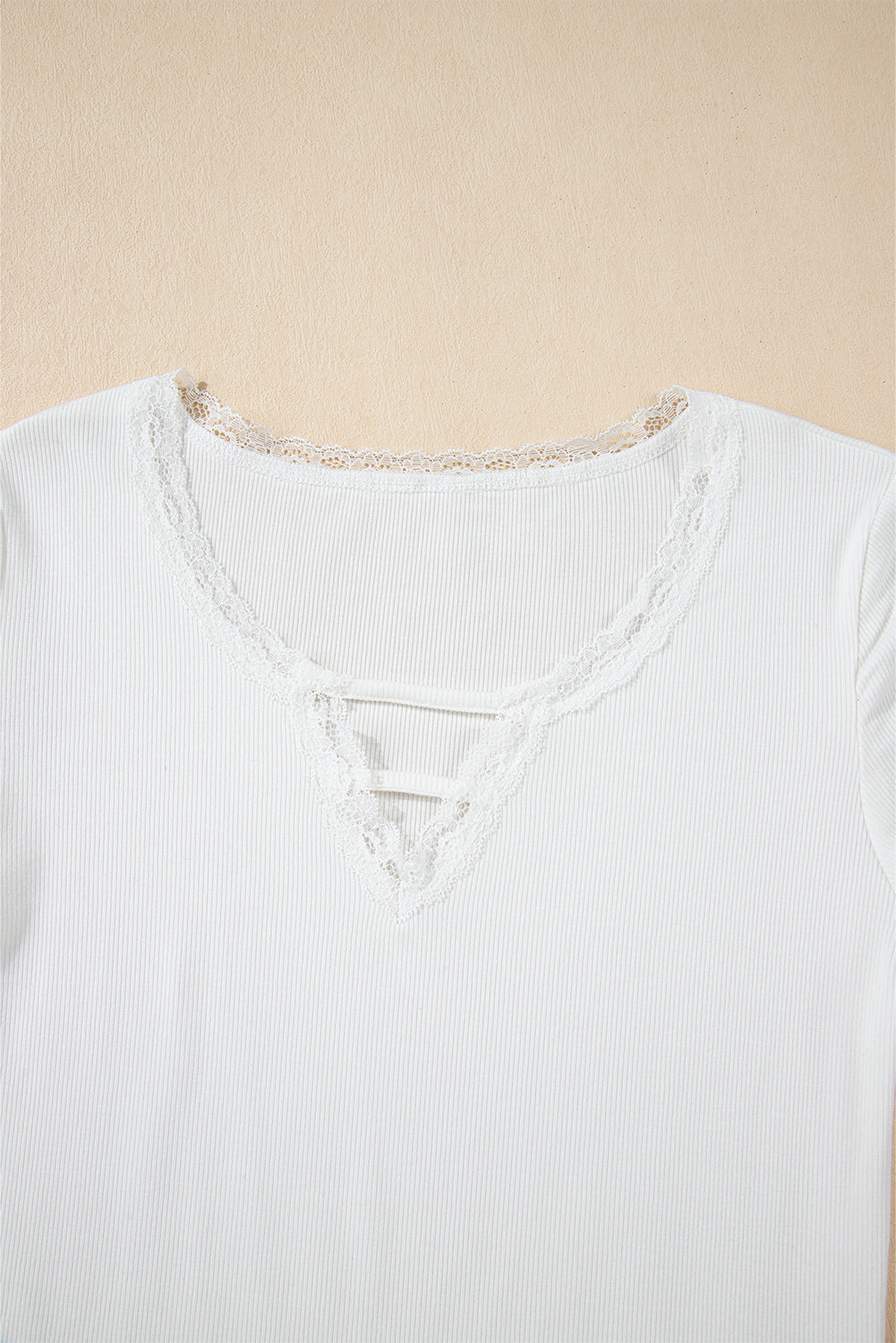 White Lace V Neckline Ribbed Slim Fit T Shirt 🇨🇳