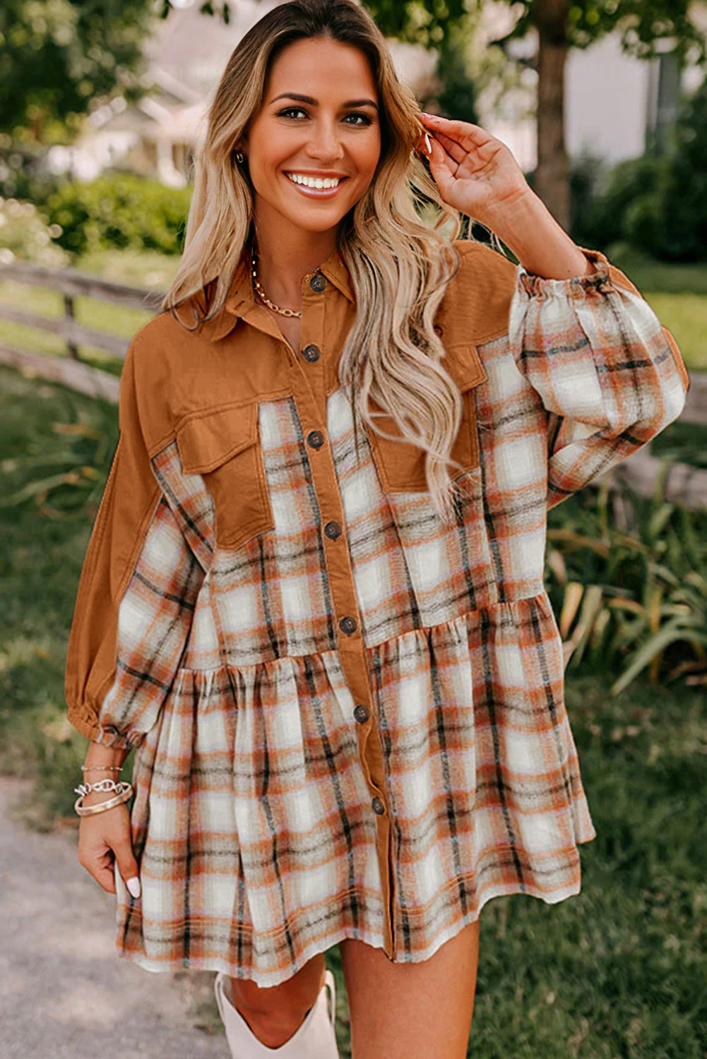Khaki Plaid Color Block Patchwork Ruffle Hem Tunic Shirt Dress 🇺🇸
