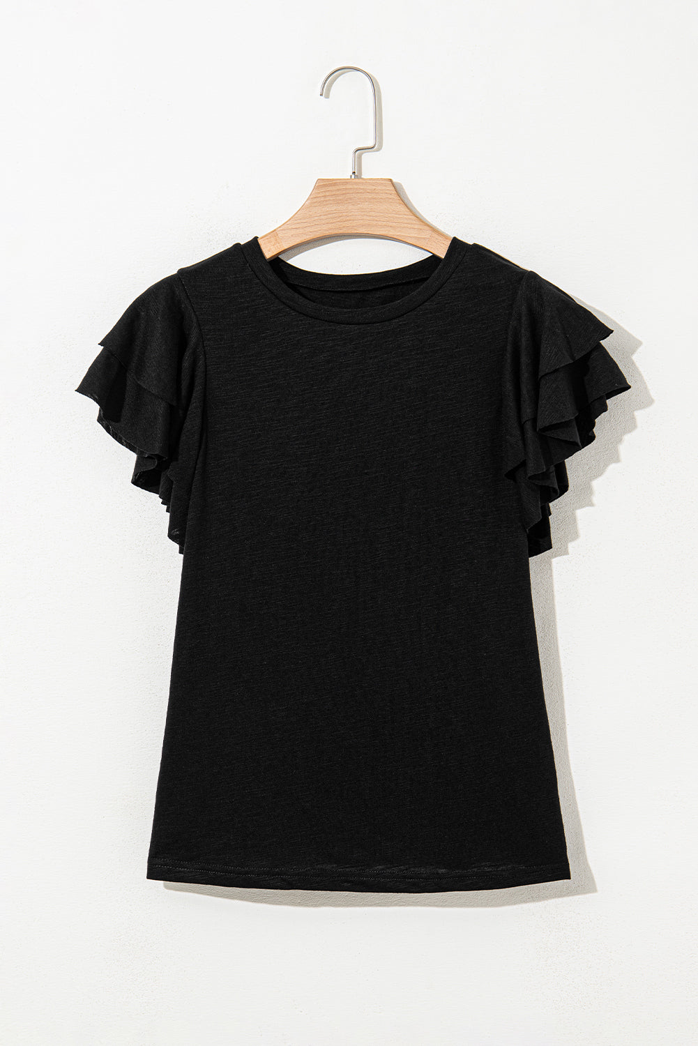 Black Layered Ruffle Short Sleeve Round Neck Top 🇨🇳