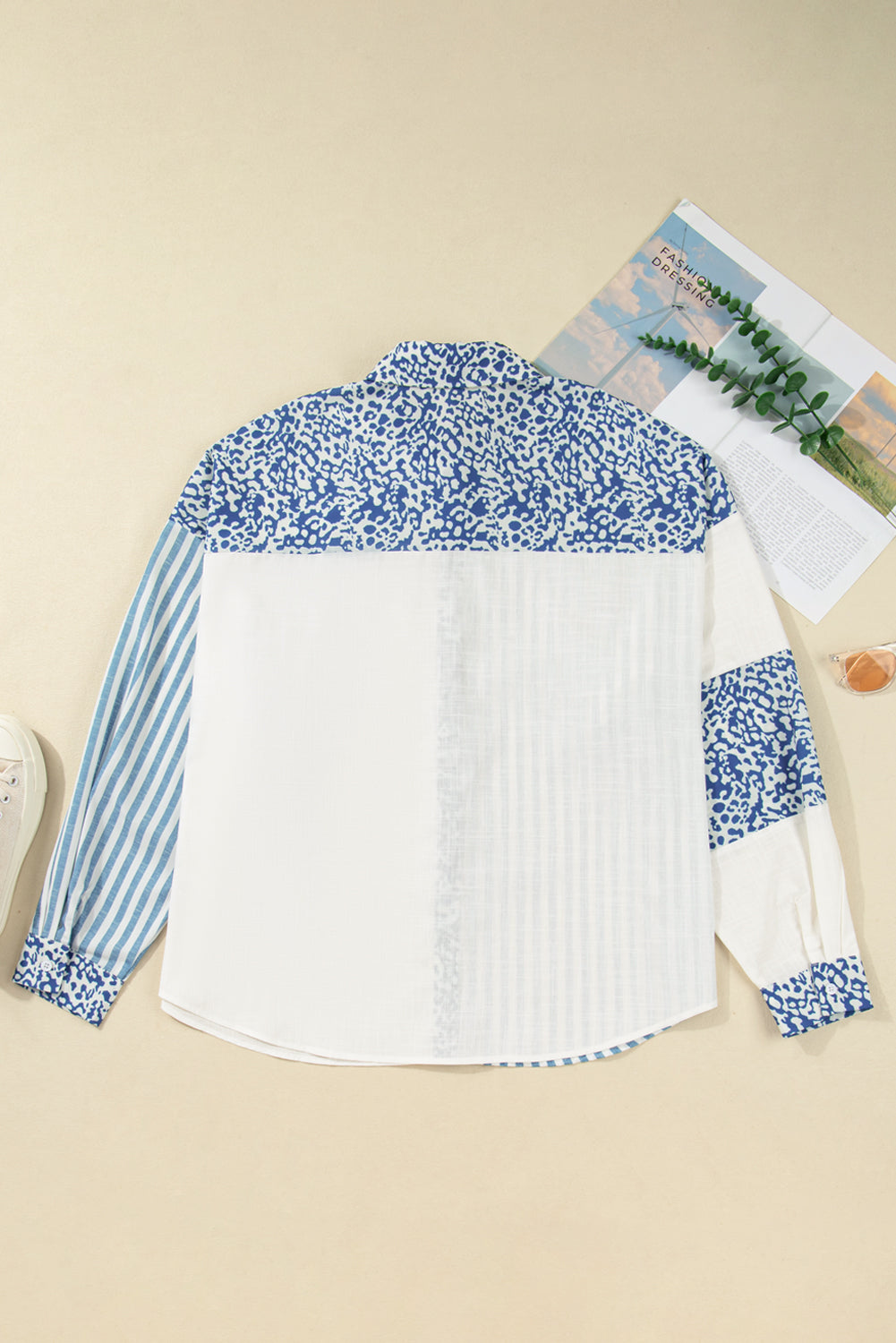 Sky Blue Leopard Striped Patchwork Casual Plus Shirt 🇺🇸