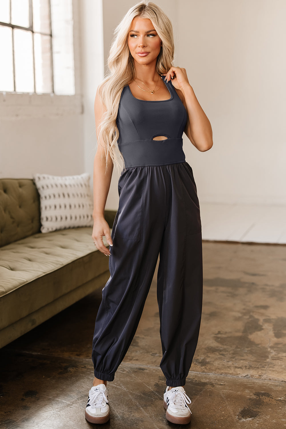 Carbon Grey Back Crossed Straps Hollow Out Jogger Jumpsuit 🇺🇸