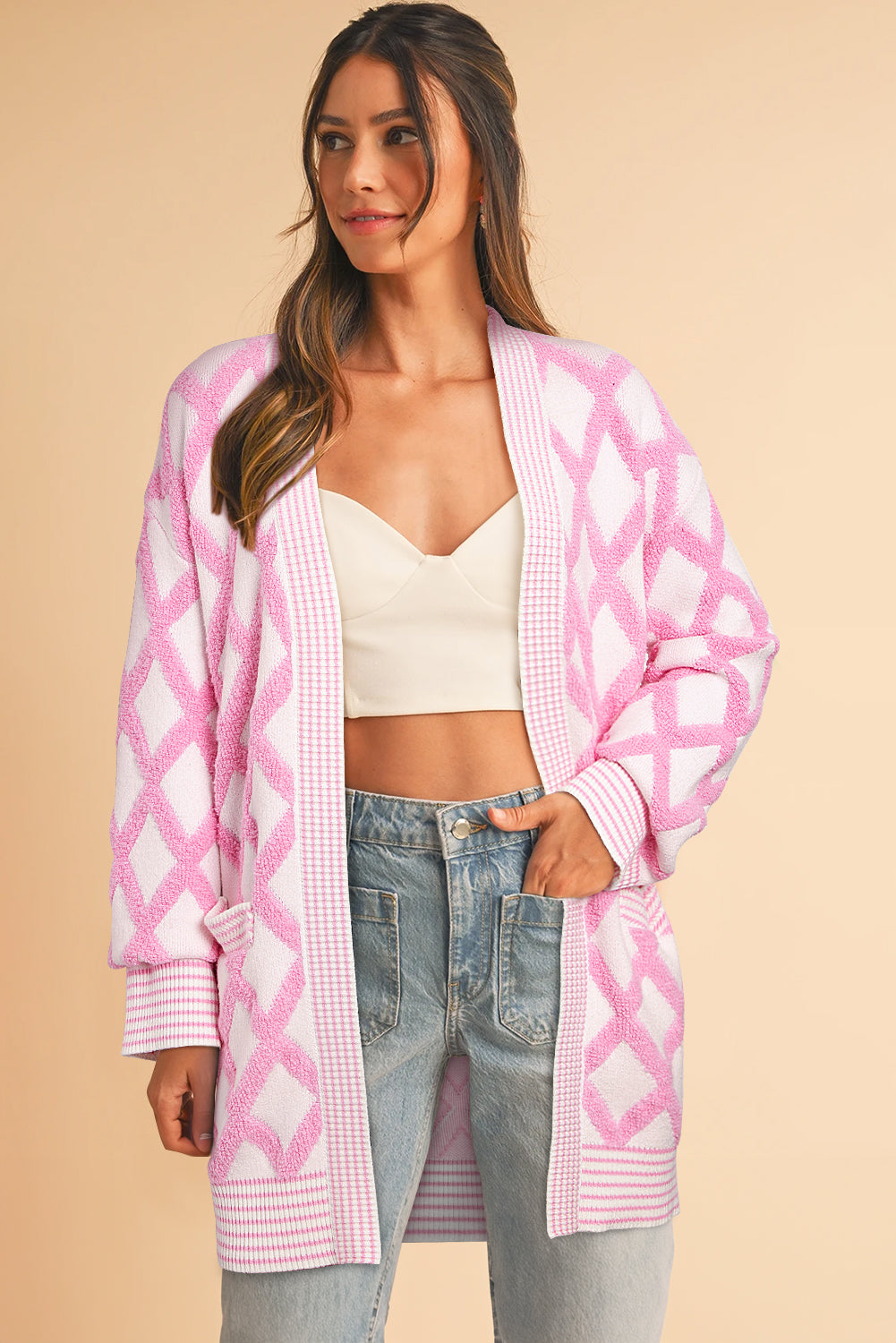 Pink Rhombus Pattern Knit Open Front Pocketed Cardigans 🇺🇲