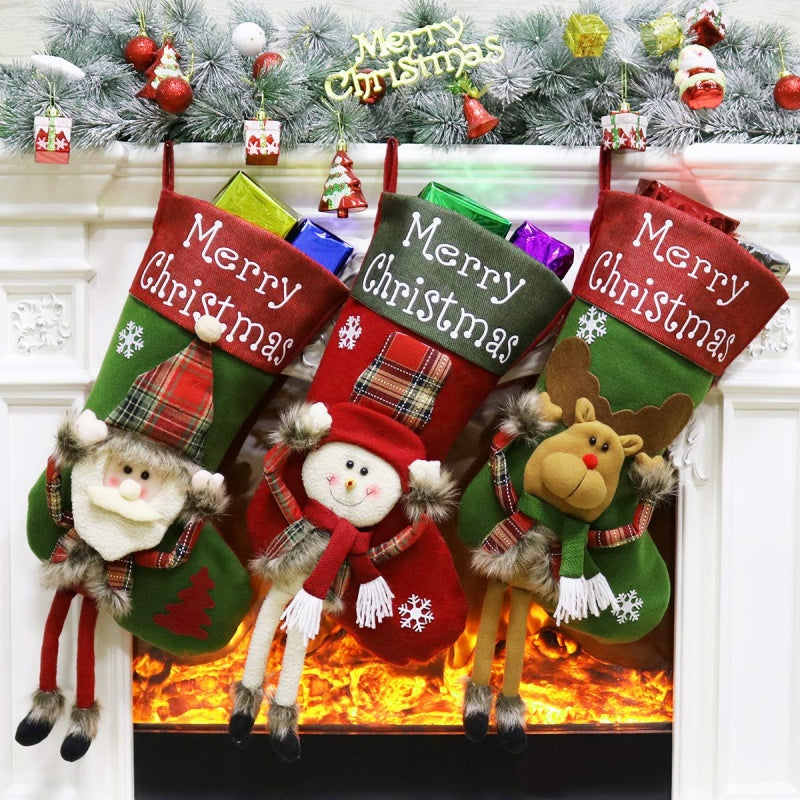 New Year Xmas Big Stockings Set Decorations Christmas 3D Plush Big Sock Christmas Tree Pendant Decorating Supplies 🇬🇧