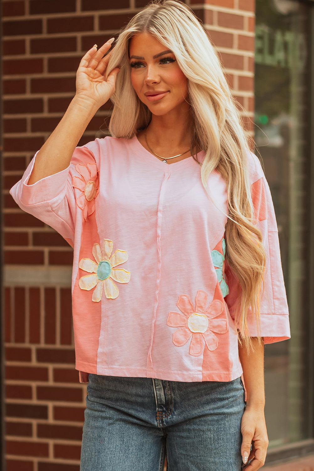 Pink Flower Patched Exposed Seam Bracelet Sleeve Oversized T Shirt 🇺🇲