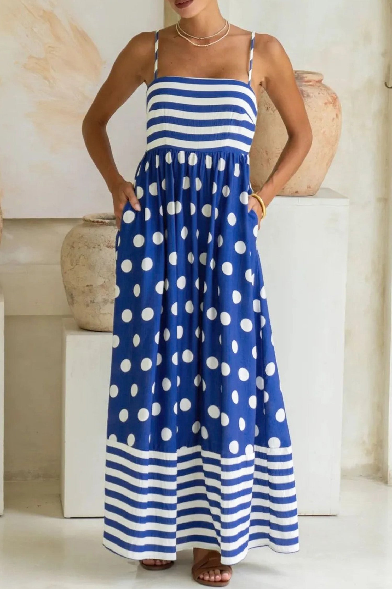 Blue Striped Polka Dot Patchwork High Waist Spaghetti Straps Maxi Dress 🇺🇸