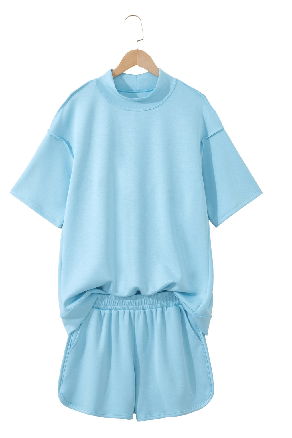 Mist Blue Solid Color Exposed Seam Mock Neck Oversize Tee Casual Shorts 2pcs Outfit 🇺🇸