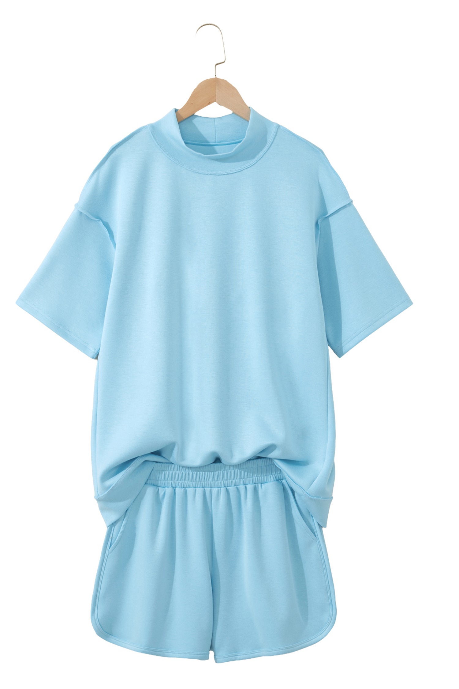Mist Blue Solid Color Exposed Seam Mock Neck Oversize Tee Casual Shorts 2pcs Outfit 🇺🇸