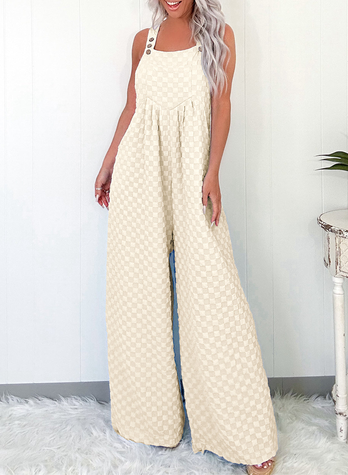 Beige Checkered Pocketed High Waist Wide Leg Overall 🇨🇳