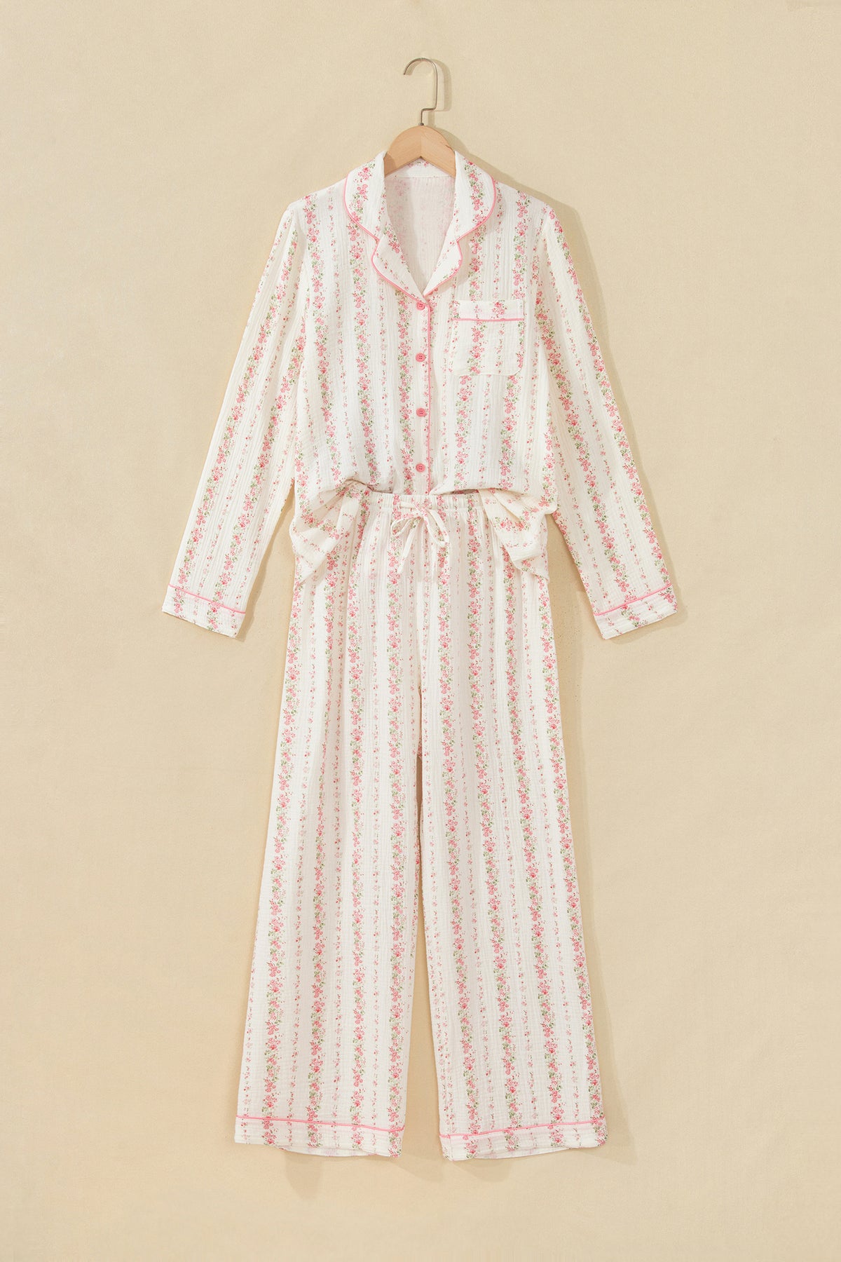 Pink Floral Print Long Sleeve Button Front Shirt Pajama Pant Set 🇺🇸