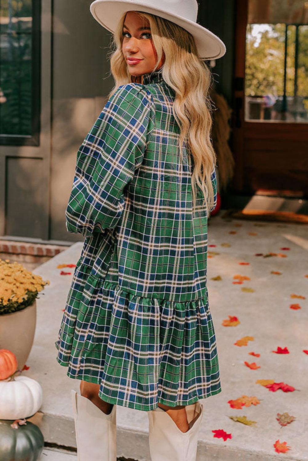 Green Plaid Print Frilly Collar Long Sleeve Shift Mini Dress 🇺🇸
