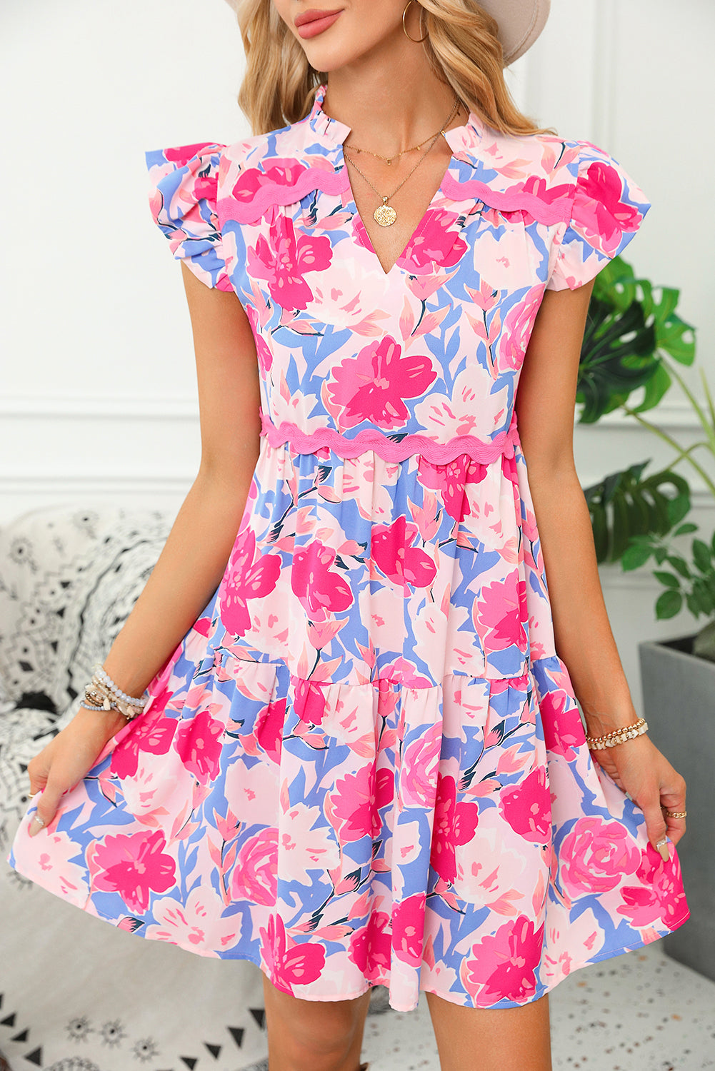 Pink Floral Printed V Notched Ric Rac Flutter Sleeve Dress 🇺🇸