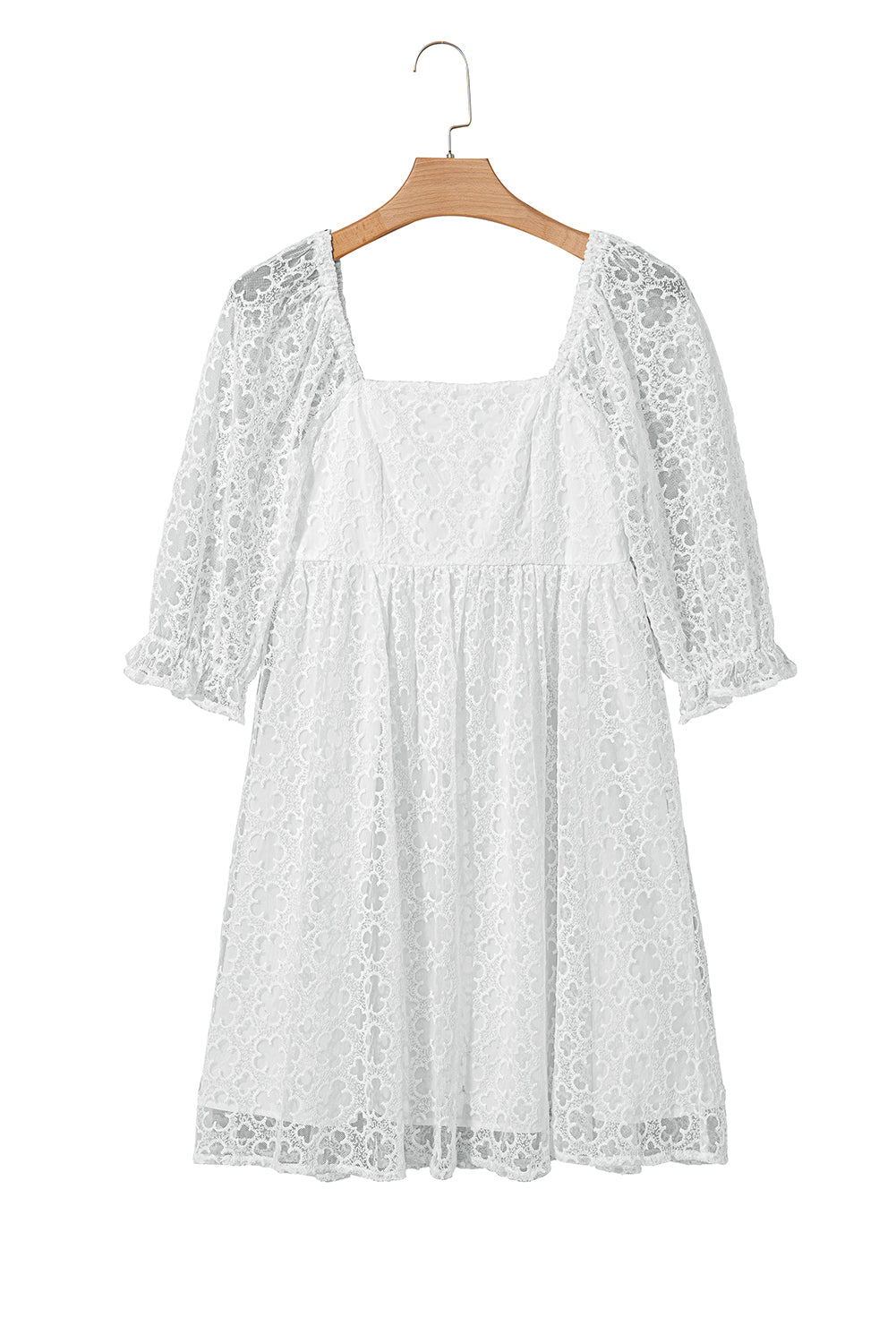 White Floral Lace Puff Sleeve Empire Waist Mini Dress 🇨🇳
