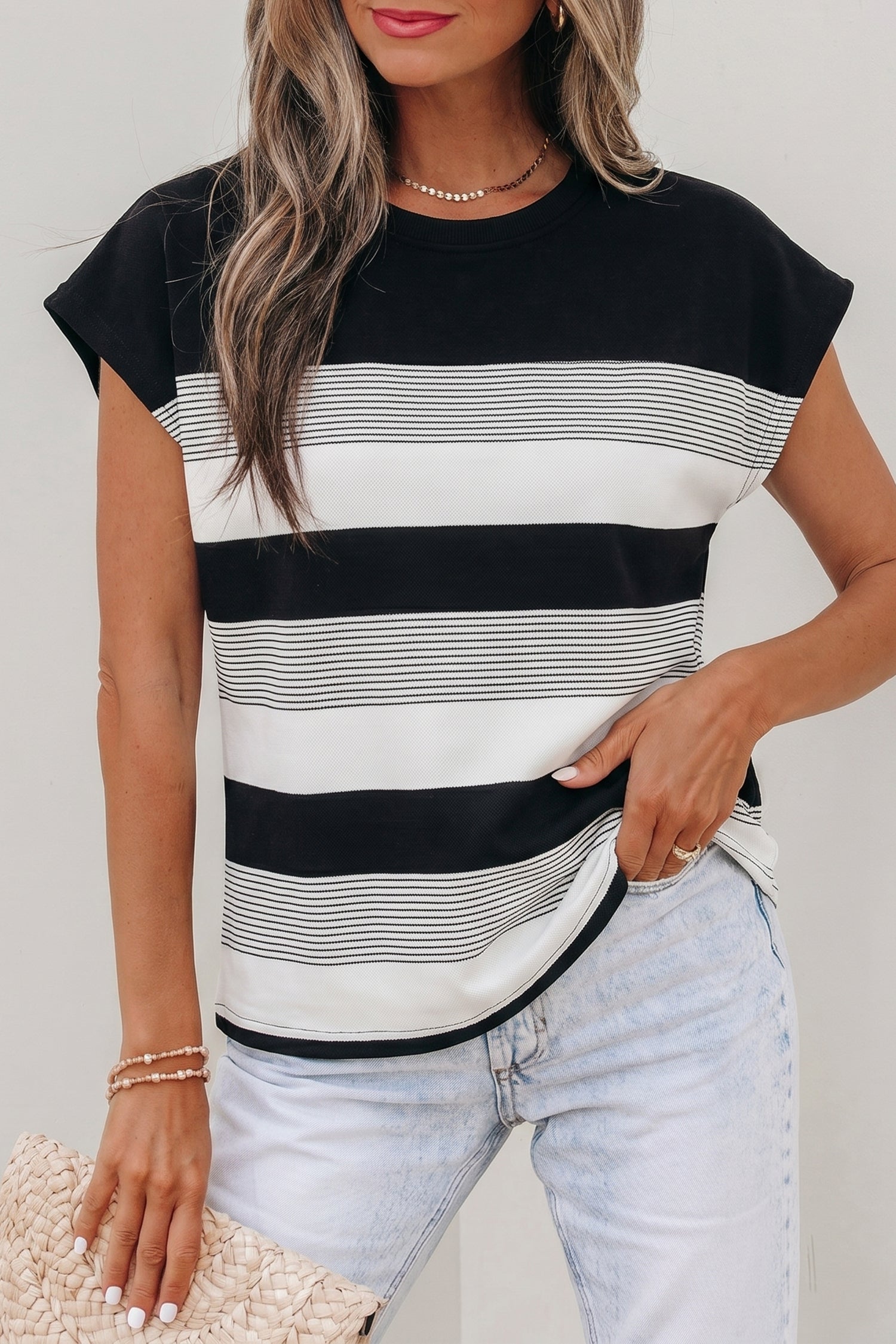 Black Stripe Mixed Print Crew Neck Cap Sleeve T Shirt 🇺🇸