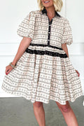 Black Boho Floral Striped Contrast Trim Bubble Sleeve Flared Dress 🇺🇸