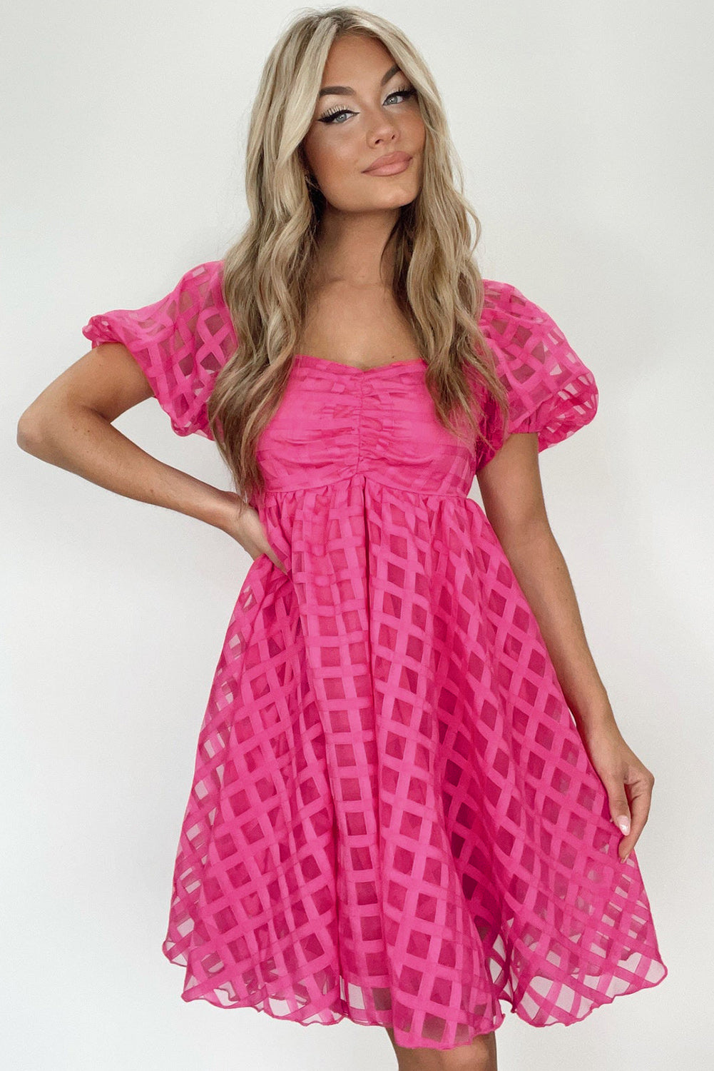 Strawberry Pink Checkered Puff Sleeve Babydoll Dress 🇺🇸