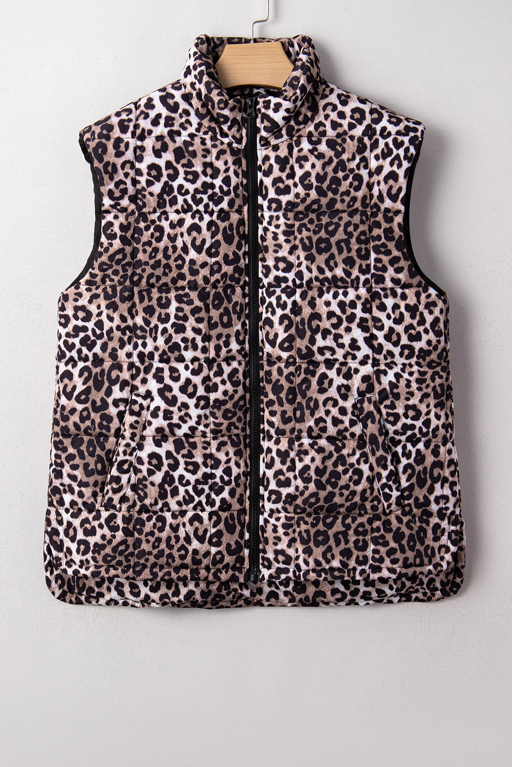 Brown Leopard Quilted Full Zipper Casual Puff Vest 🇺🇸