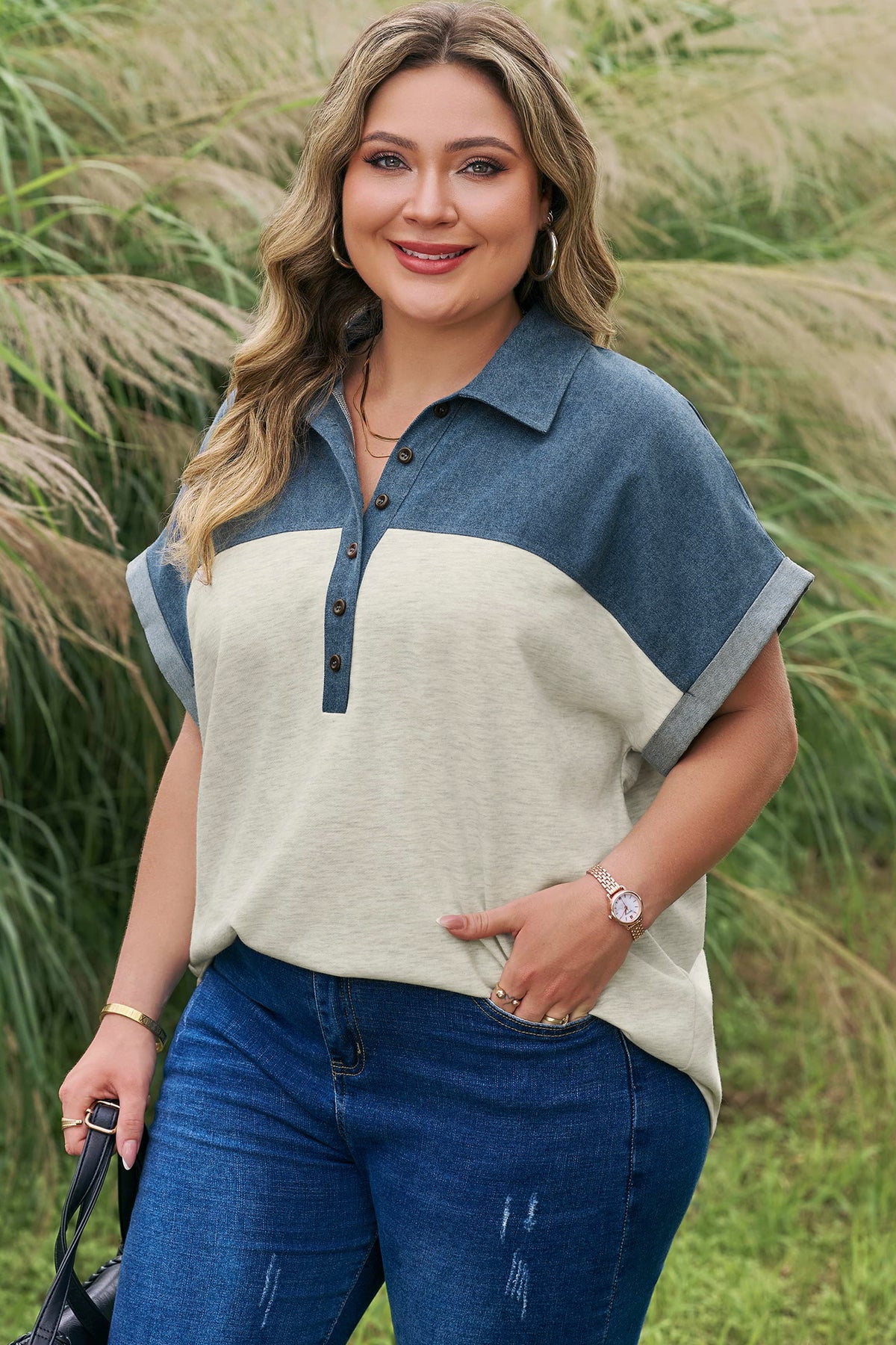 Light Grey Half Buttons Collared Denim Patchwork Plus Short Sleeve Top 🇺🇸