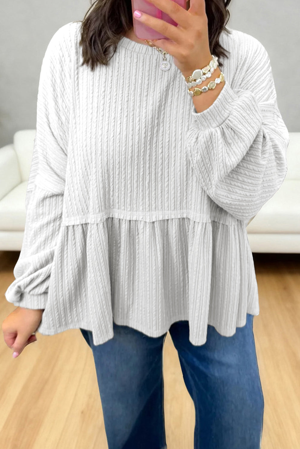 White Solid Color Textured Drop Shoulder Long Sleeve Peplum Top 🇺🇸