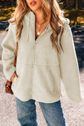 Beige Fleece Zip Up Drawstring Hooded Pocketed Jacket 🇺🇸