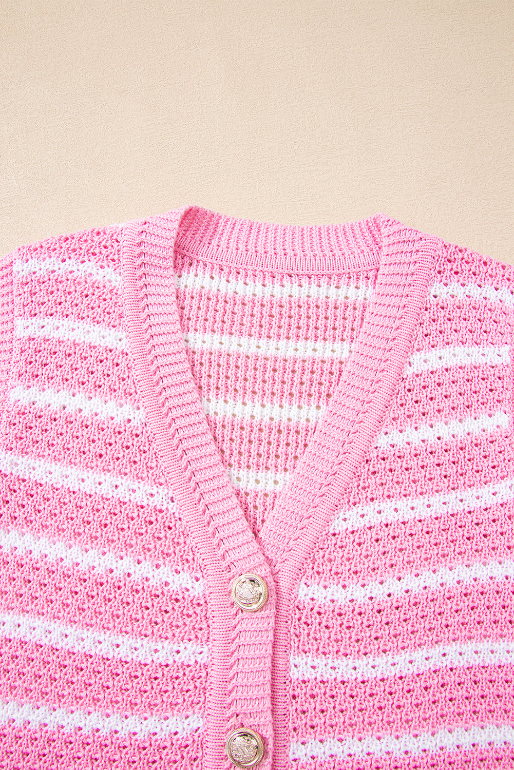 Pink Stripe V Neck Gold Buttons Elegant Sweater Vest 🇺🇸