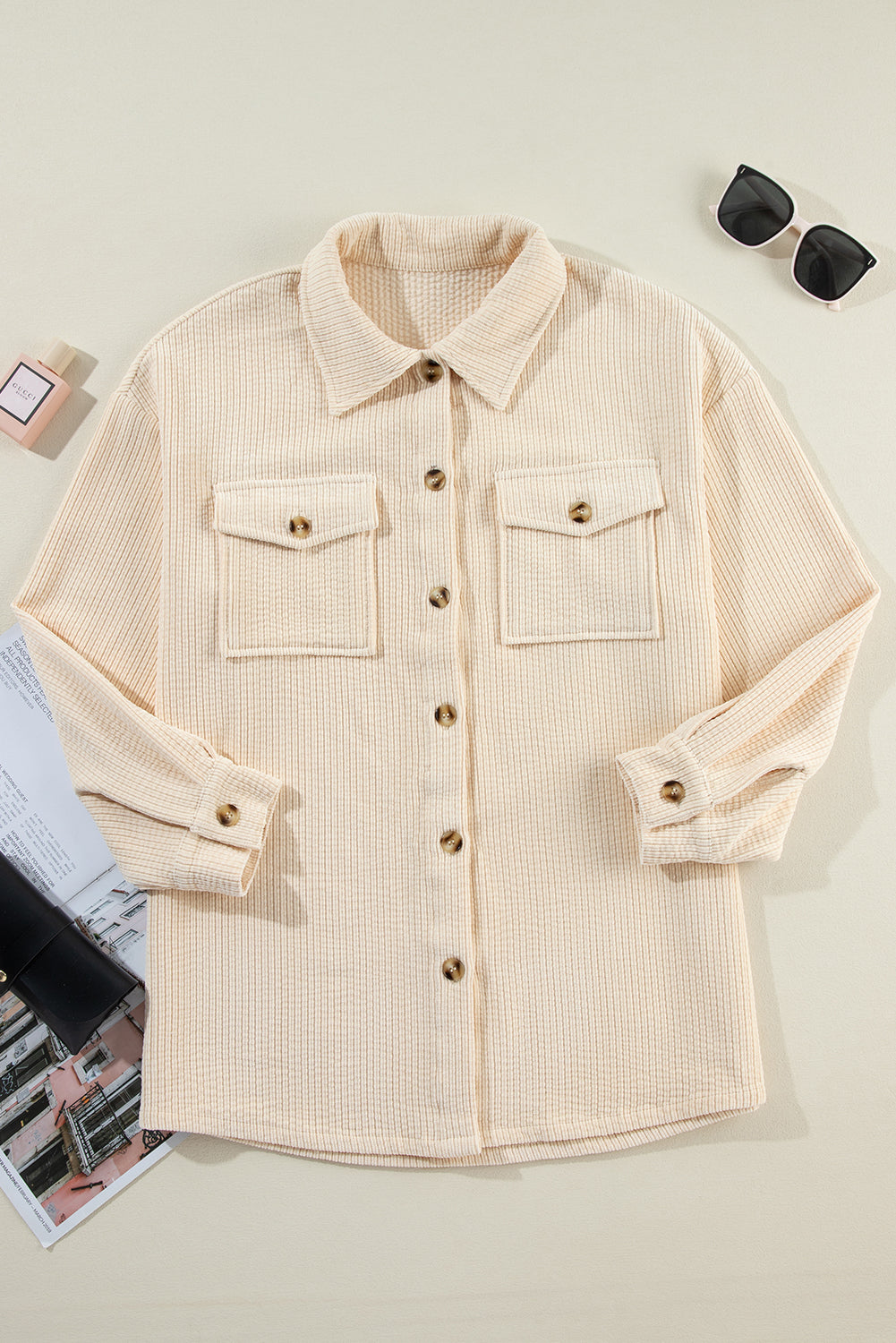 Oatmeal Corduroy Flap Pocket Button Up Shacket 🇺🇲