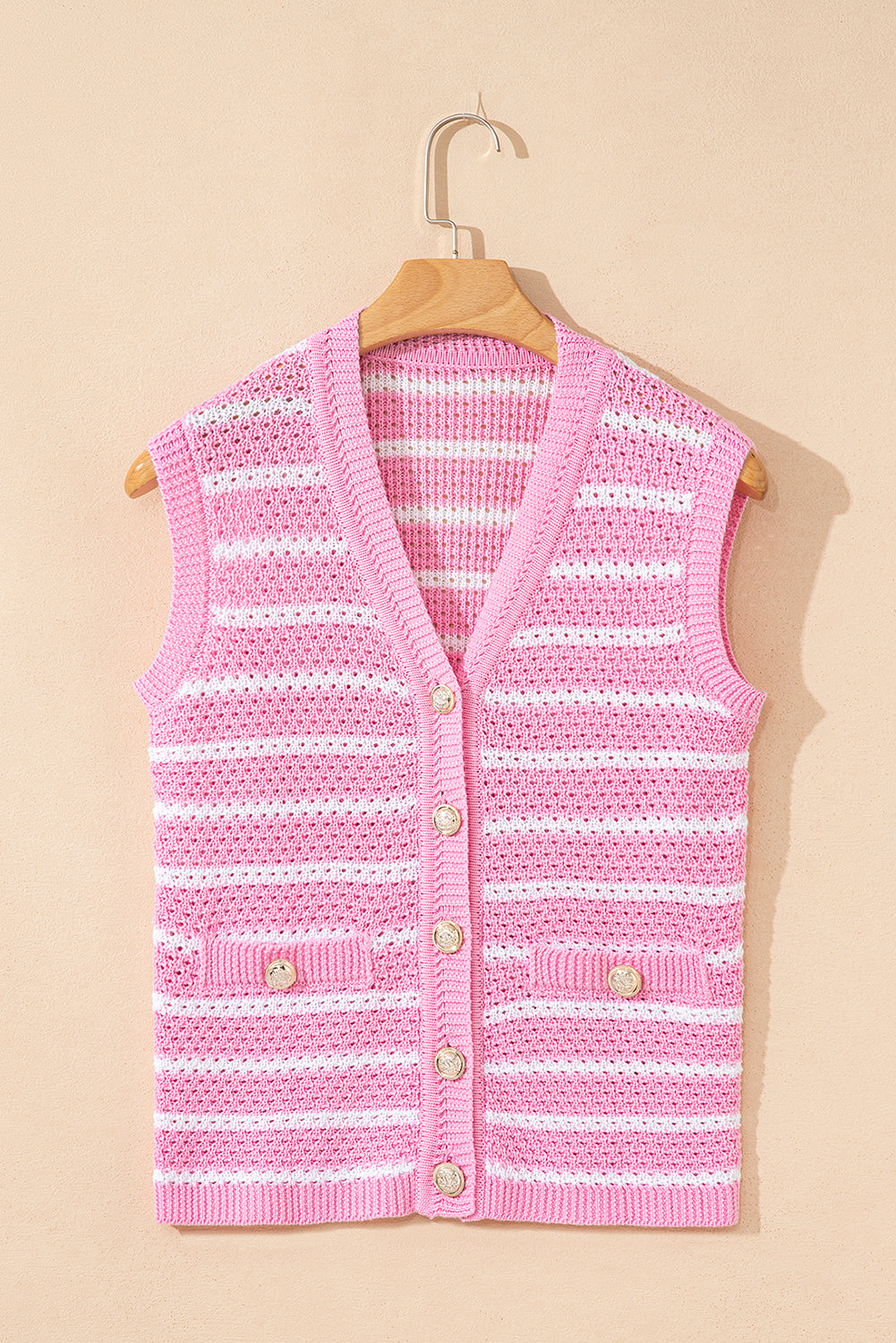Pink Stripe V Neck Gold Buttons Elegant Sweater Vest 🇺🇸