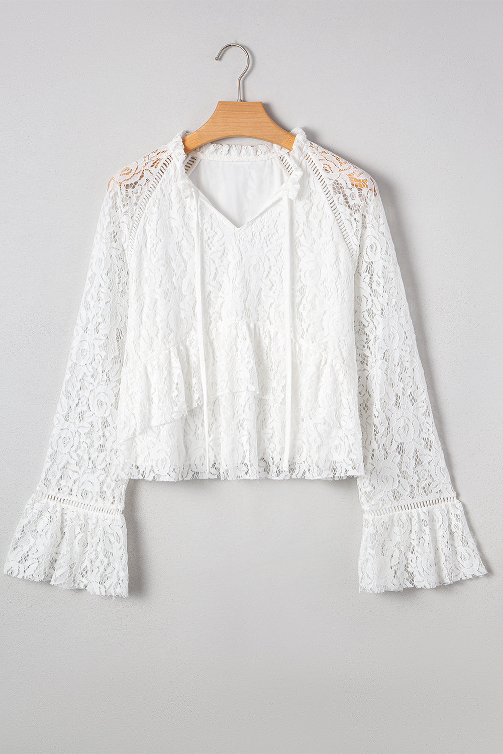 White Tie V Neck Lace Ruffle Detail Long Sleeve Blouse 🇺🇸