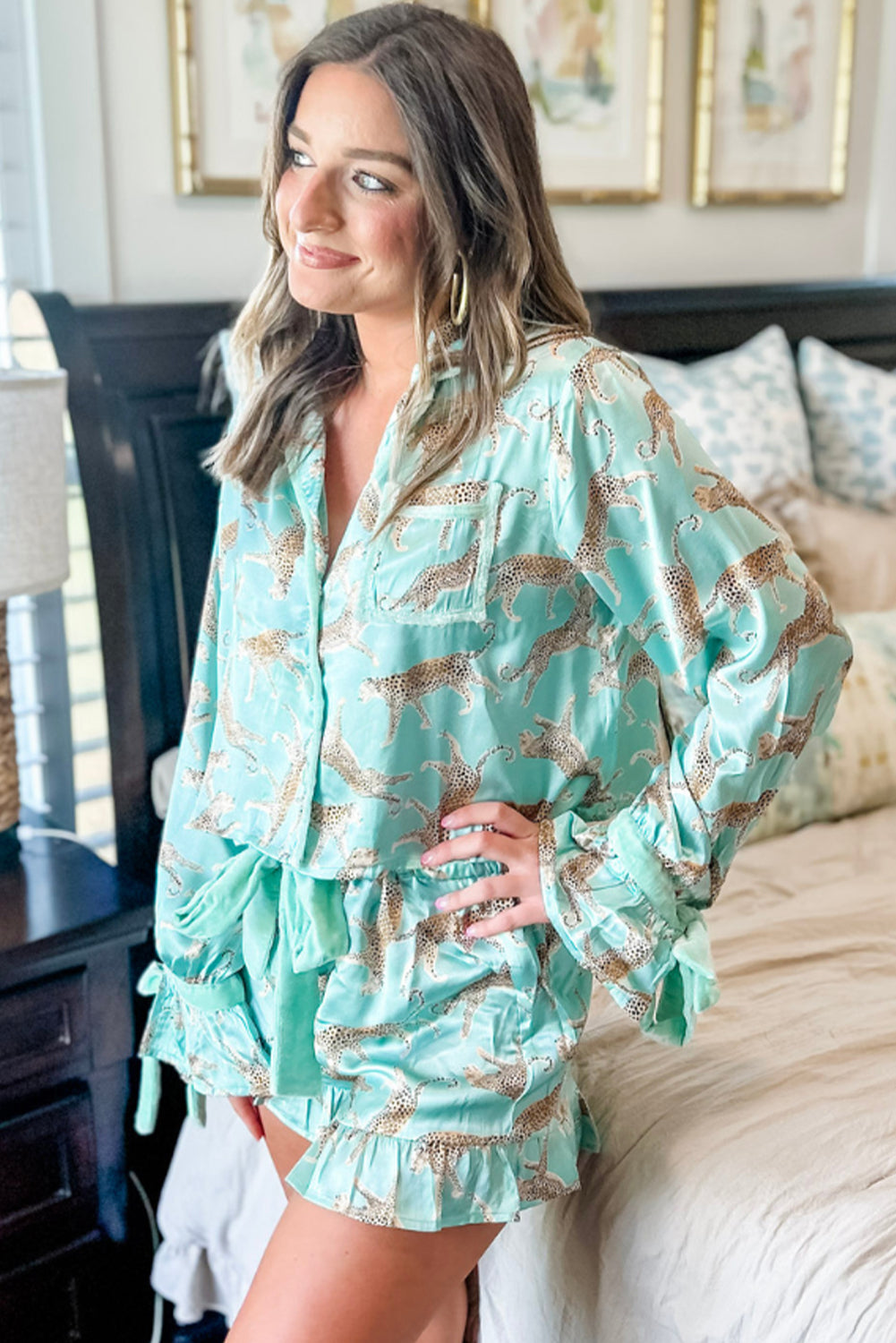 Green Leopard Satin Ruffle Pajama Short Set 🇨🇳