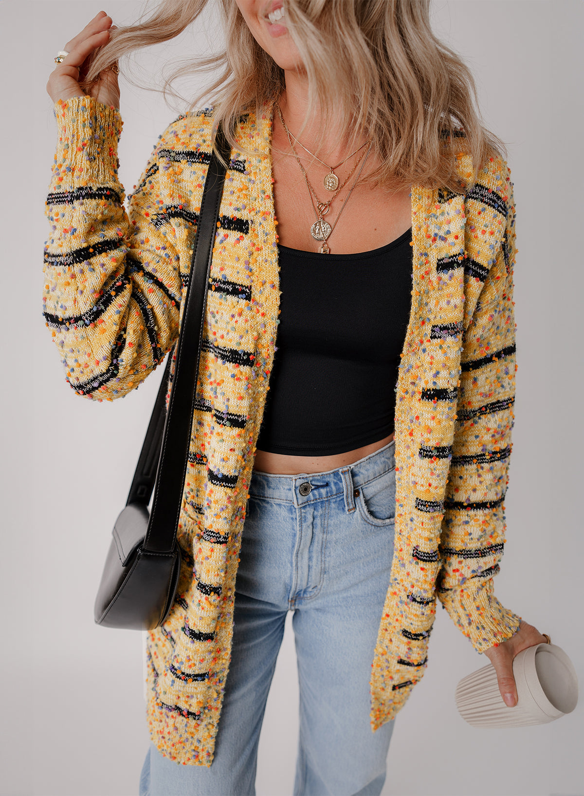 Beige Striped Pom Pom Knit Open Front Long Cardigan 🇨🇳