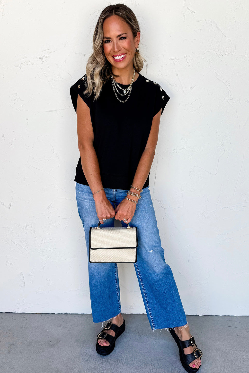 Black Casual Solid Short Sleeve Top with Metal Button Details 🇺🇸