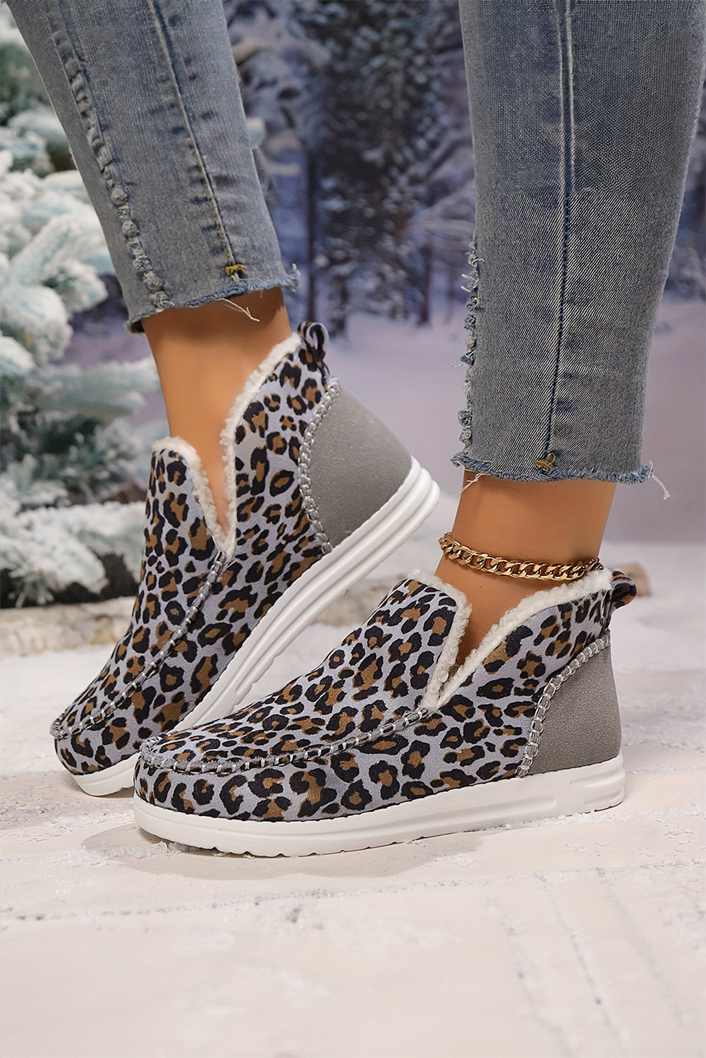 Brown Leopard Print Ankle Patched Flat Winter Fur Boots 🇺🇸