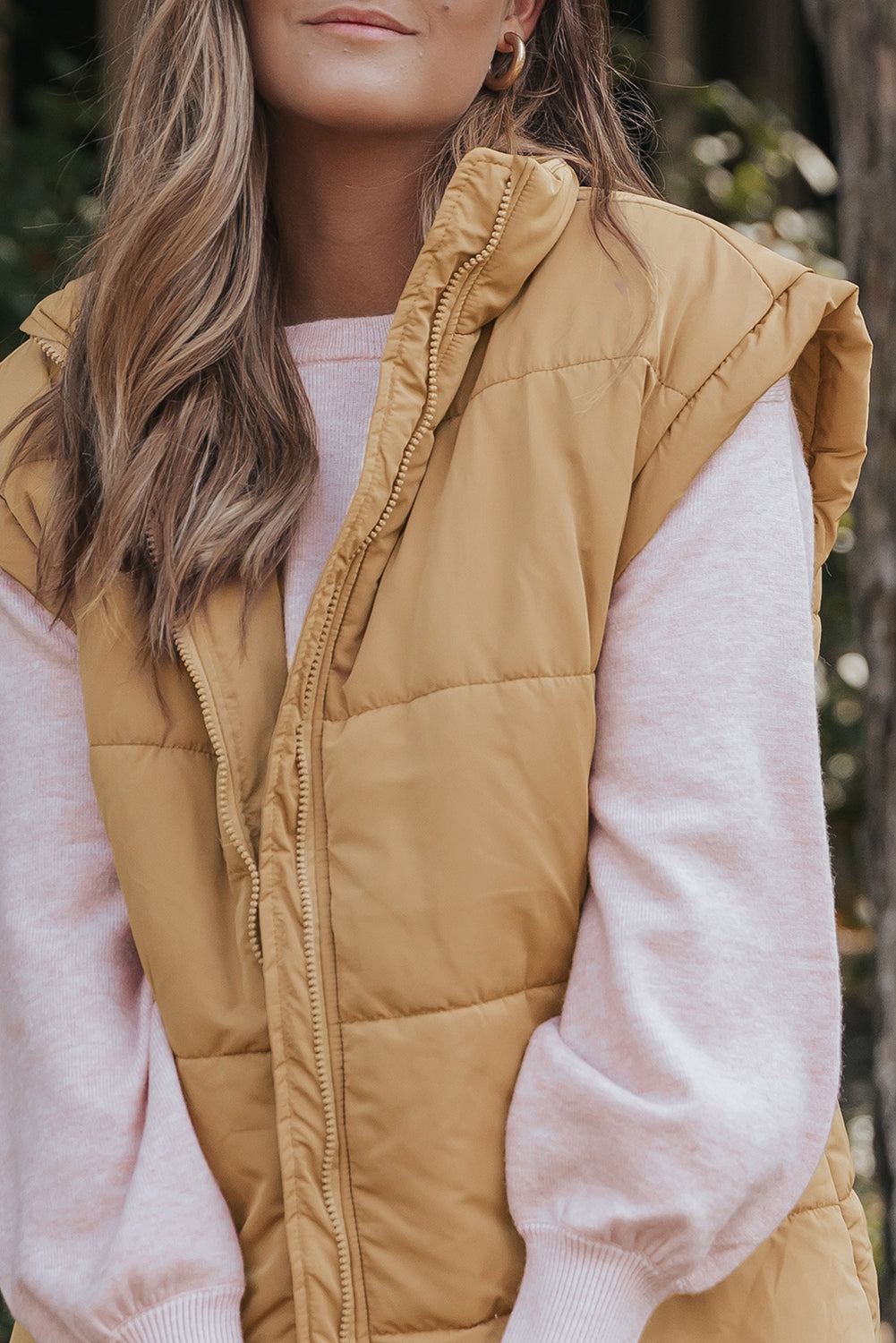 Khaki Oversized Stand Collar Zip Winter Vest 🇺🇸