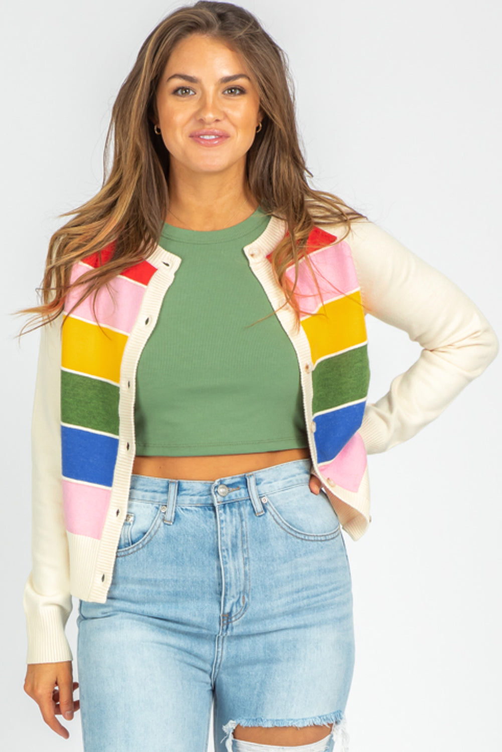 White Stripe Colorful Pattern Button Front Sweater Cardigan 🇨🇳