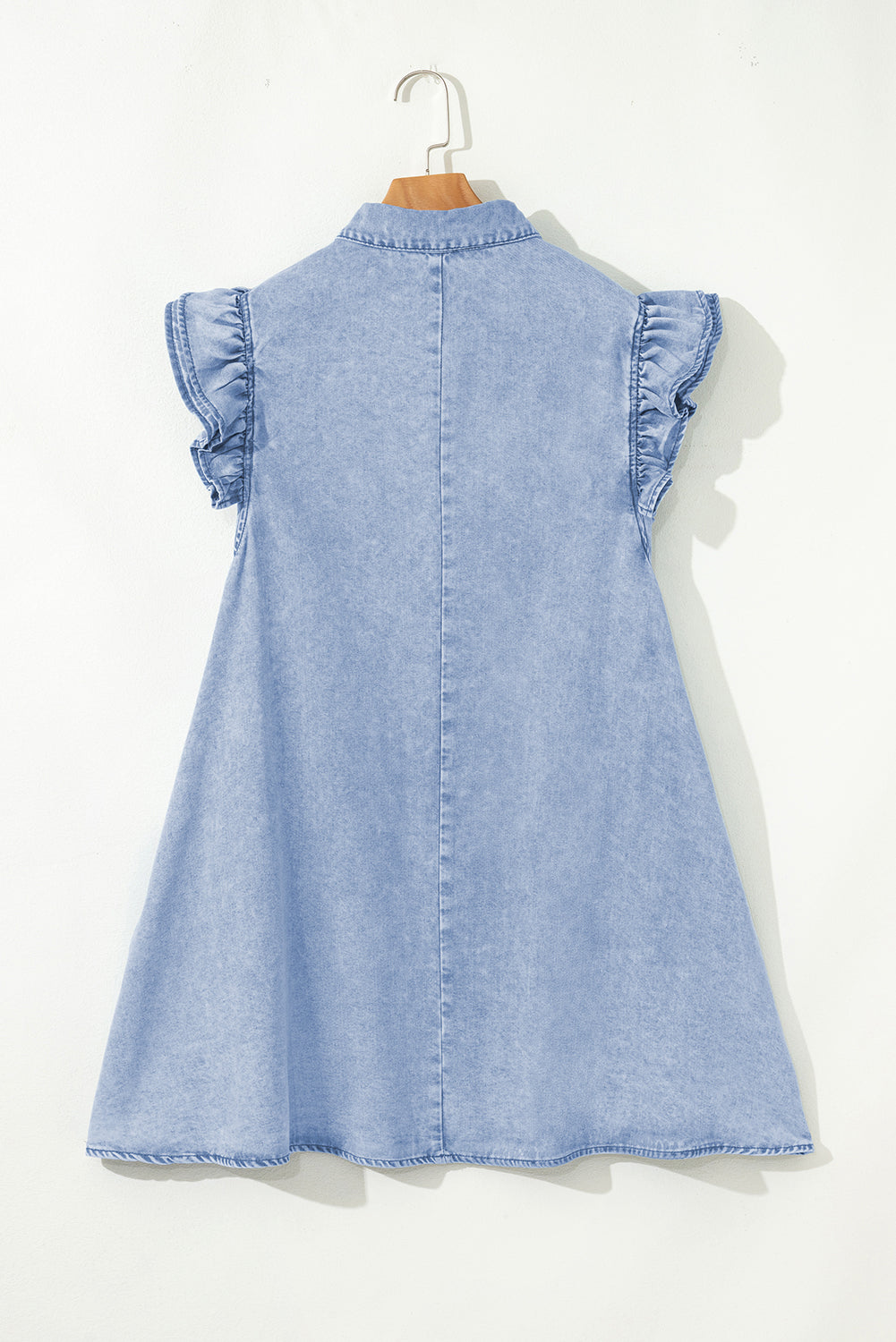 Beau Blue Double Ruffled Sleeves Buttoned A-line Collared Mini Denim Dress 🇨🇳