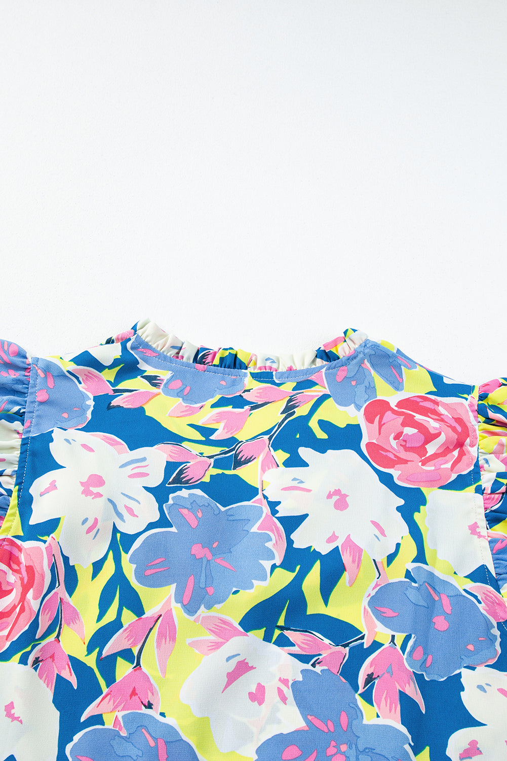 Sky Blue Floral Printed V Notched Ric Rac Flutter Sleeve Dress 🇺🇸