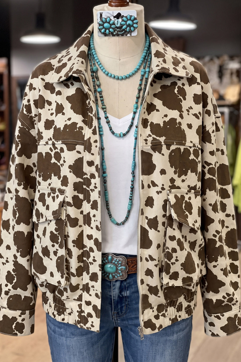 Brown Western Cow Print Cargo Pocket Denim Jacket 🇺🇸