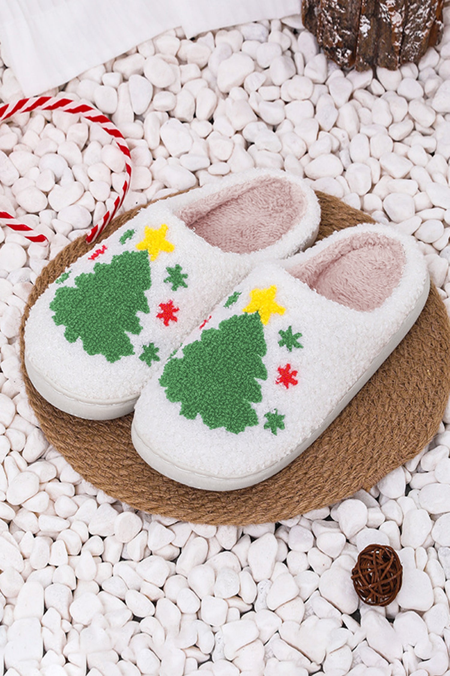 White Fuzzy Christmas Tree Pattern Home Slippers🇺🇸