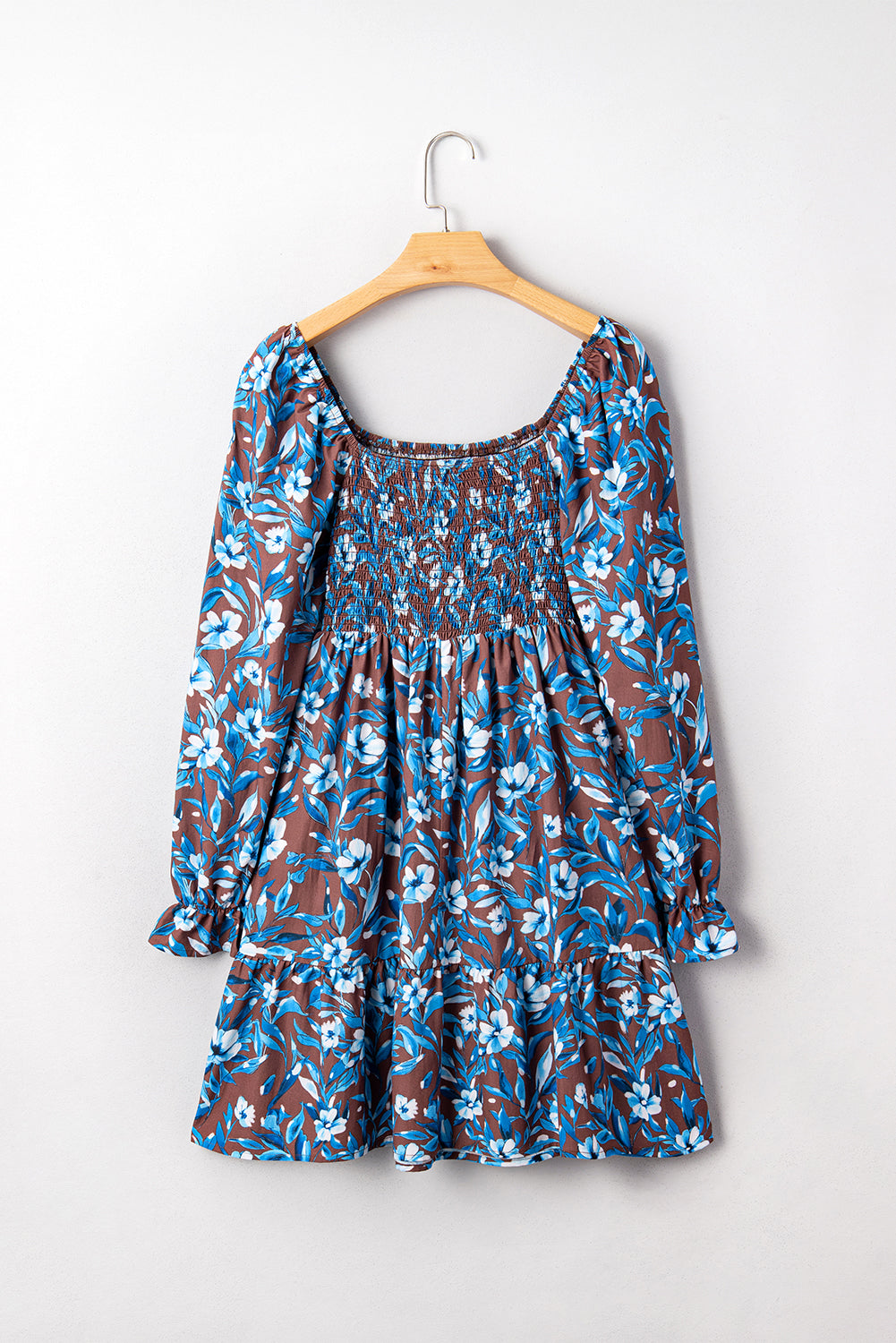 Blue Smocked Bodice High Waist Ruffled Sleeve Floral Dress 🇺🇸