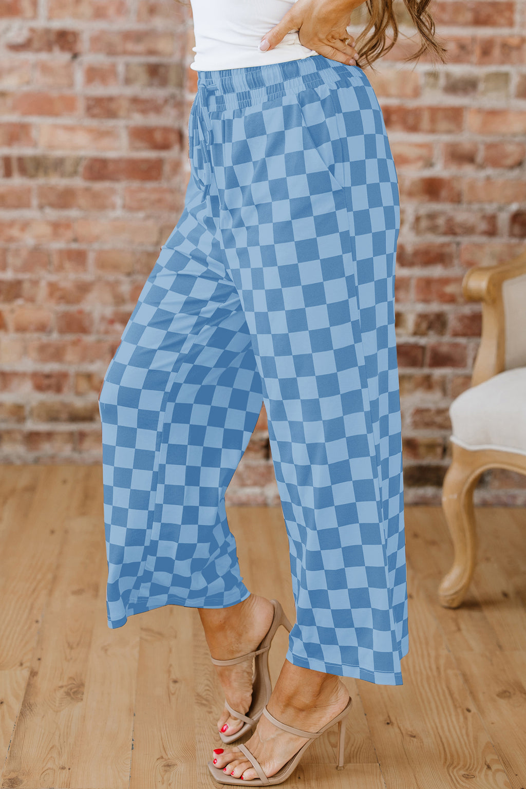 Sky Blue Checkered Elastic High Waist Loose Casual Pants 🇨🇳