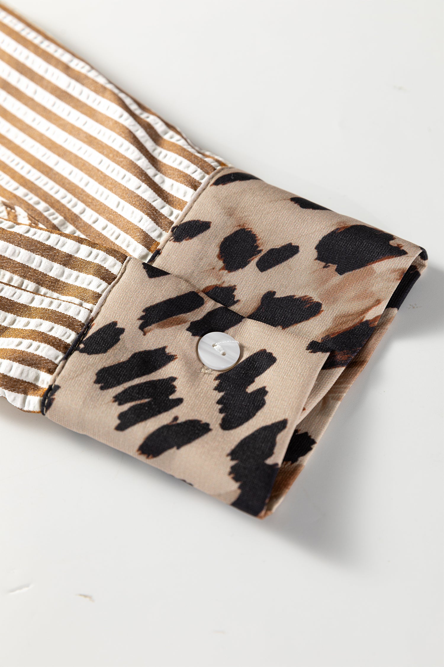 Brown Stripe Leopard Patched Collared Chest Pocket Cuffed Long Sleeve Plus Size Shirt 🇺🇸