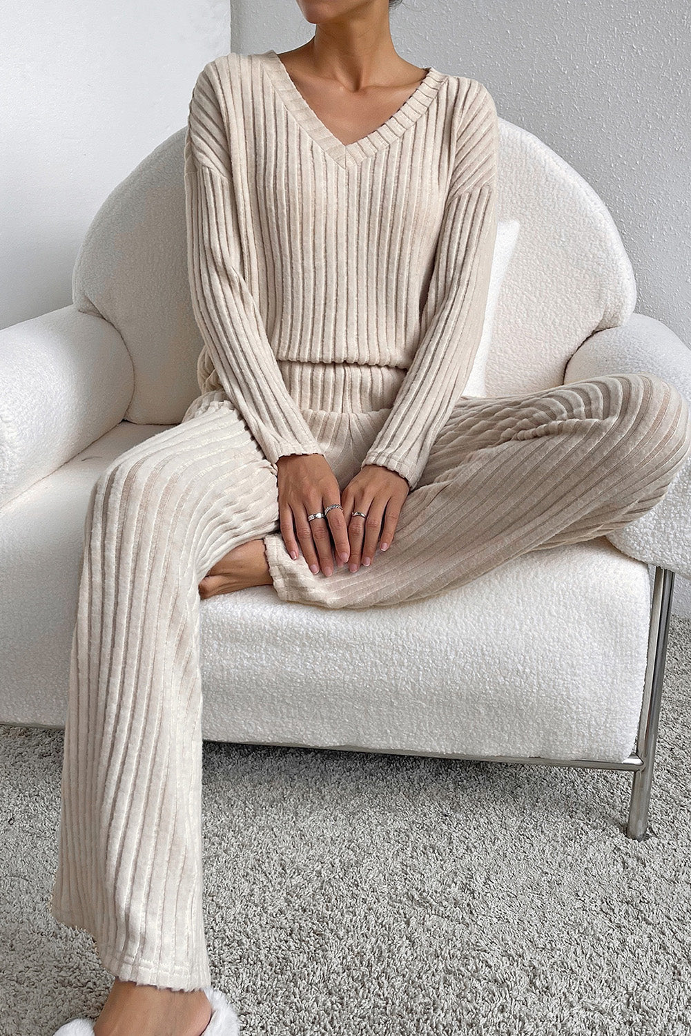 Khaki Ribbed Knit V Neck Slouchy Two-piece Outfit 🇨🇳