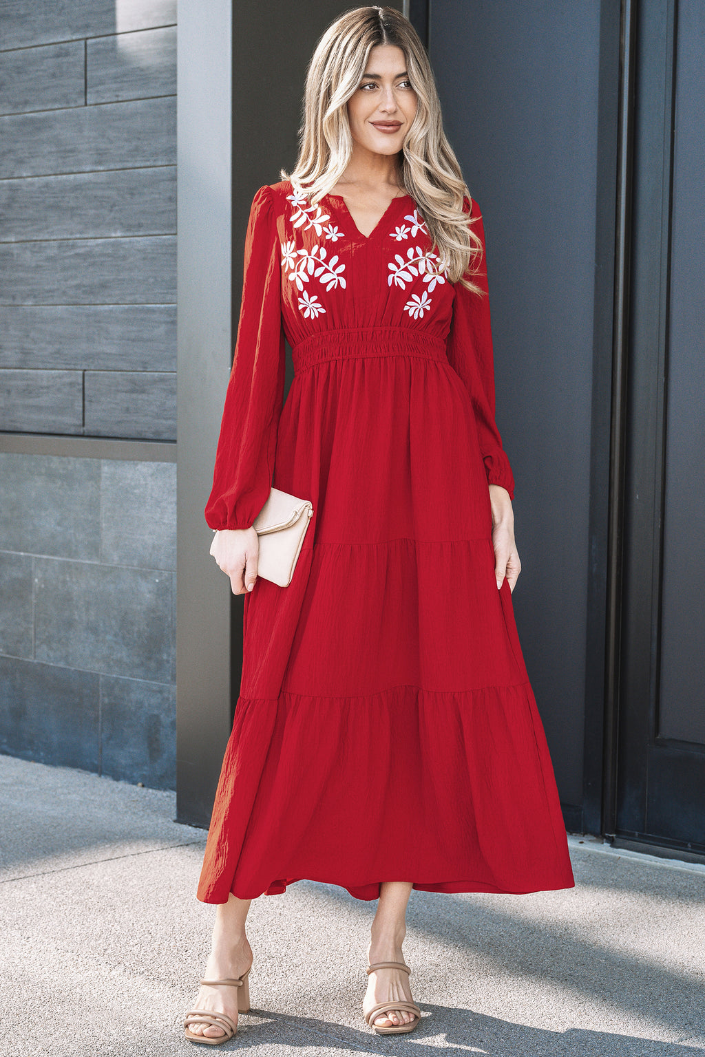 Racing Red Contrast Embroidered Detail Cinched Waist Tiered Long Sleeve Maxi Dress 🇺🇸