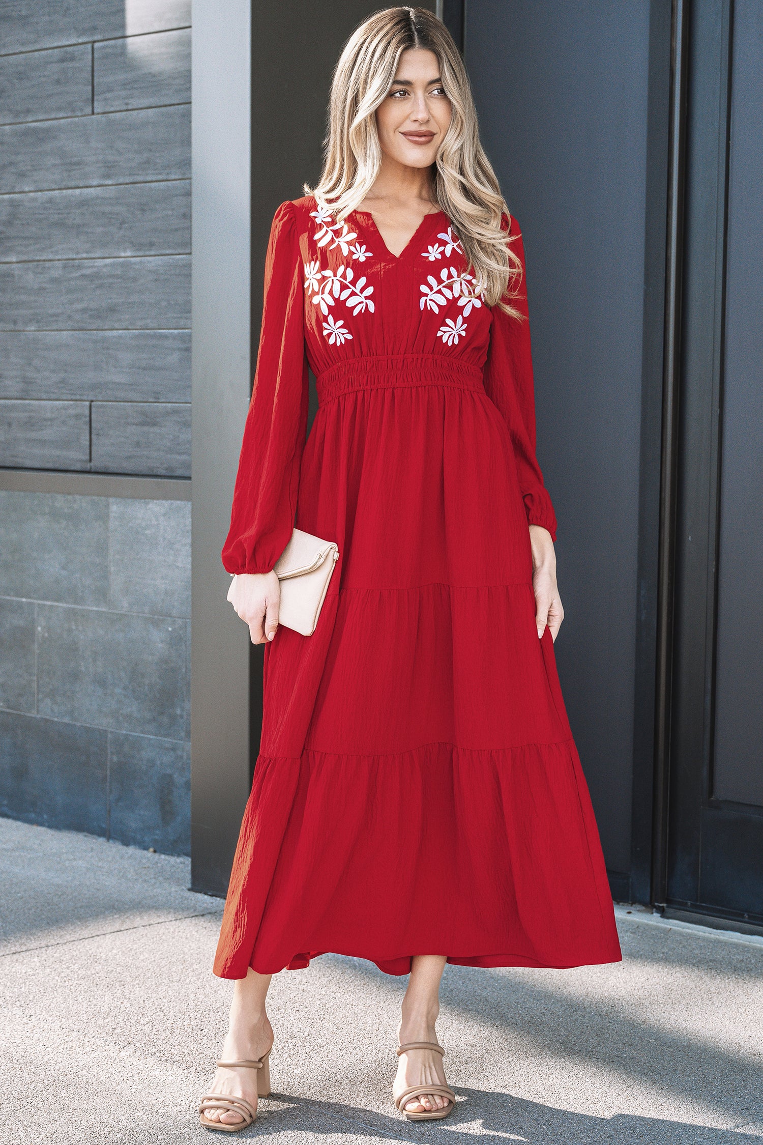 Racing Red Contrast Embroidered Detail Cinched Waist Tiered Long Sleeve Maxi Dress 🇺🇸