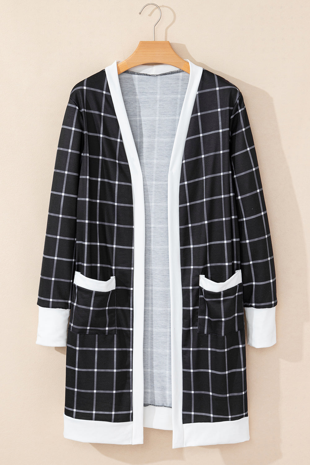 Black Plaid Colorblock Edge Open Cardigan with Pocket 🇨🇳