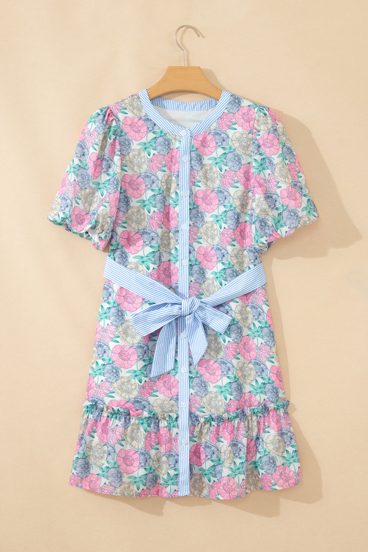 White Floral Print Striped Contrast Trim Belted Short Dress 🇺🇸